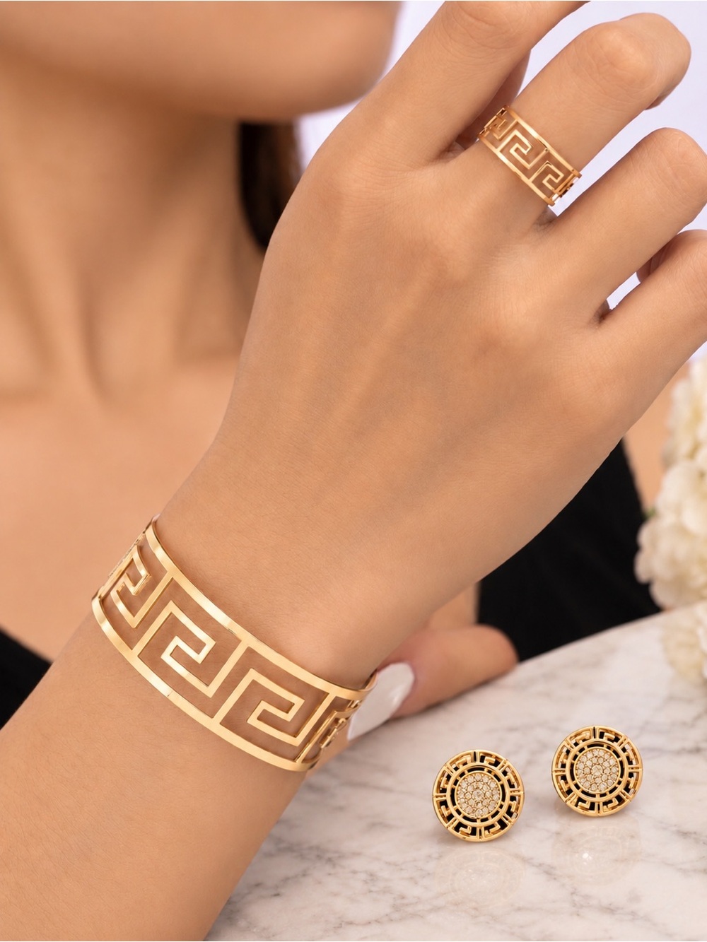 Gold Greek Key Three Piece Jewelry Set